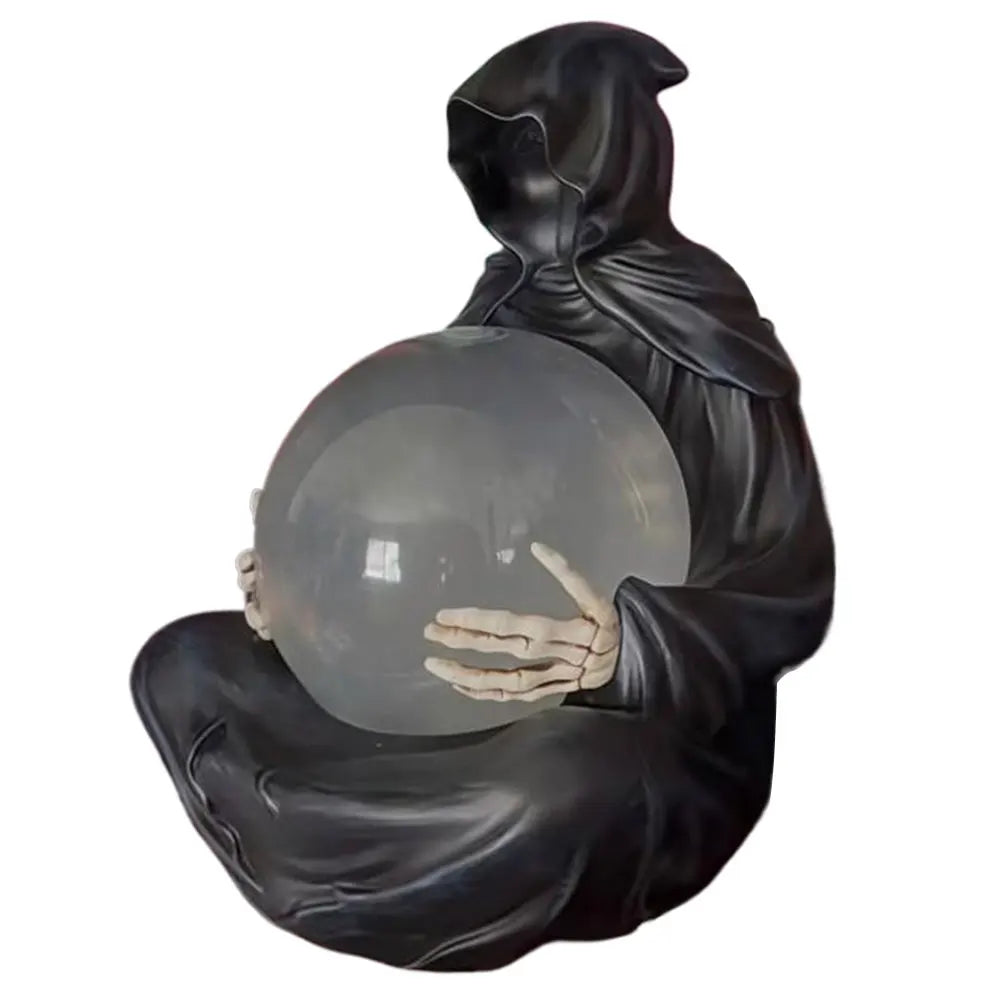 Grim Reaper Statue Crystals Balls Reaper Sitting Statue Floating Bat Crystal Ball Resin Death Robe Sculpture for Halloween Decor