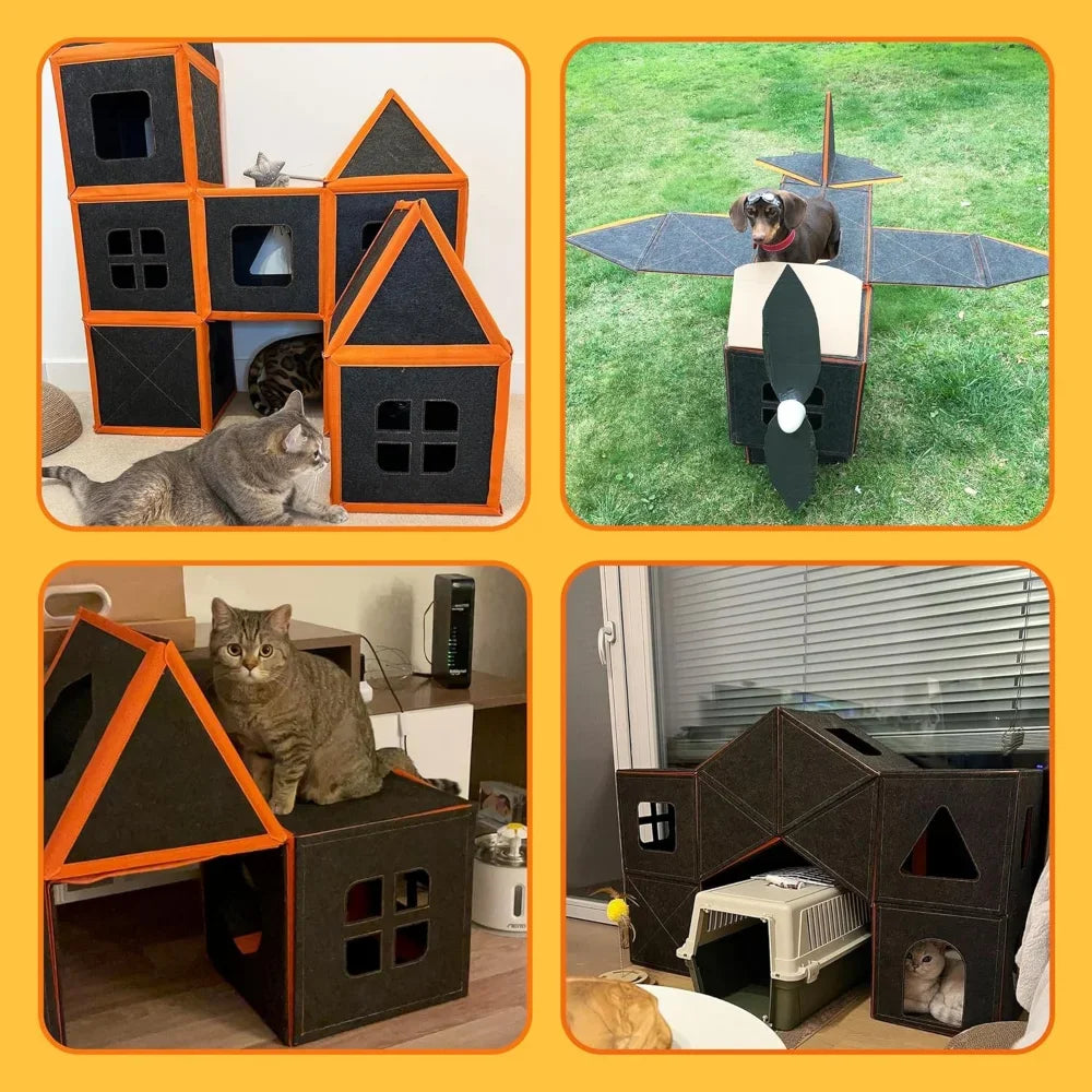 Cat House,Modular Fiber Tiger Tough Multi-Level Cat House Scratcher Playgrounds,DIY Waterproof Pet Hideaway Play House