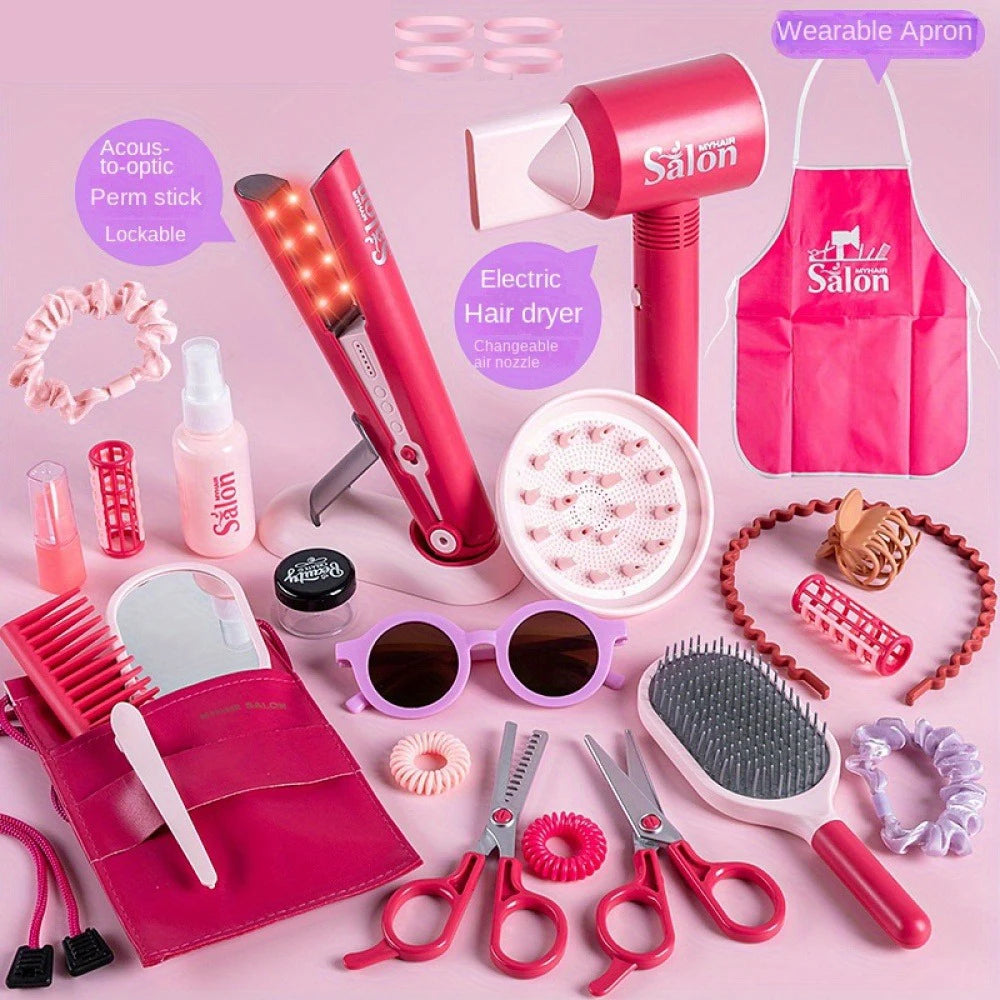 Girls Beauty Salon Set Fake Dress Up Stylist Barber Tool Kit with Hair Dryer Scissors Barber Apron and Styling Accessories