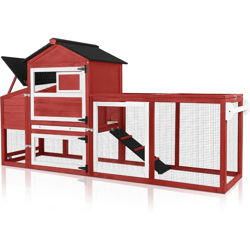 Chicken Coop for Outdoor - Poultry Cage with Wheels, Nesting Box, Leakproof Pull-on Tray, and Asphalt Waterproof Roof - Red
