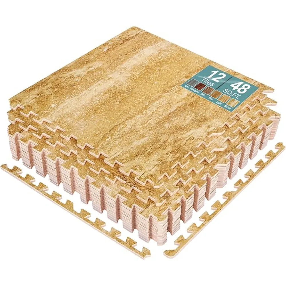 12 Tiles (48 Sq Ft) Wood Grain Floor Tiles Foam Mat, 3/8-Inch Thick Flooring Wood Puzzle Exercise Mats W/Borders, Tiles Foam Mat
