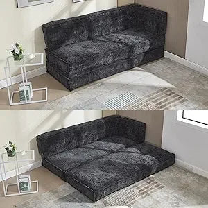 Modular Couch Convertible Sleeper Floor Sofa Bed, Chenille Folding Mattress Couch with Side Bag Storage, 4-in-1 Combined Lazy So