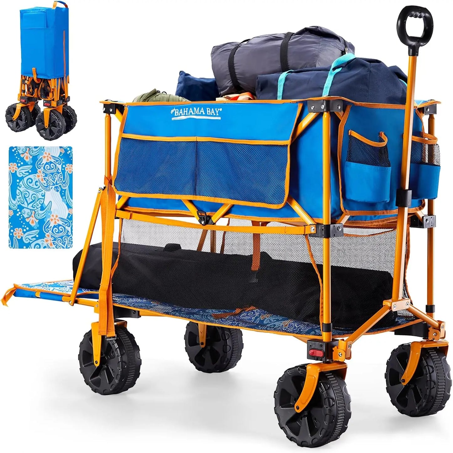 400L Collapsible Double Decker Beach Wagon with Brakes Folding Beach Cart with 54" Extra Long Decker 450LBS Heavy Duty Wagon Cha