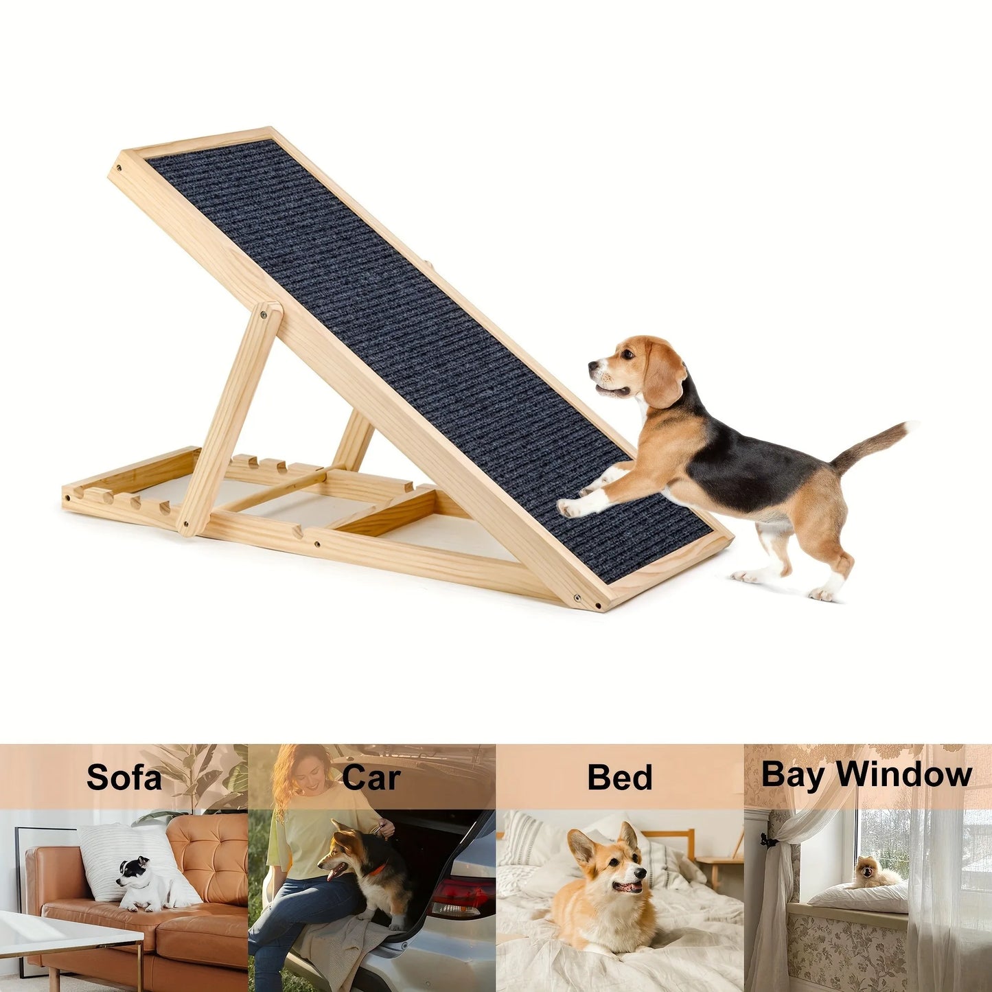 Adjustable Dog Cats Ramp, Upgraded Folding Portable Wood Pet Ramp for Small and Older Animals, 42" Long, Height from 14" to 26"