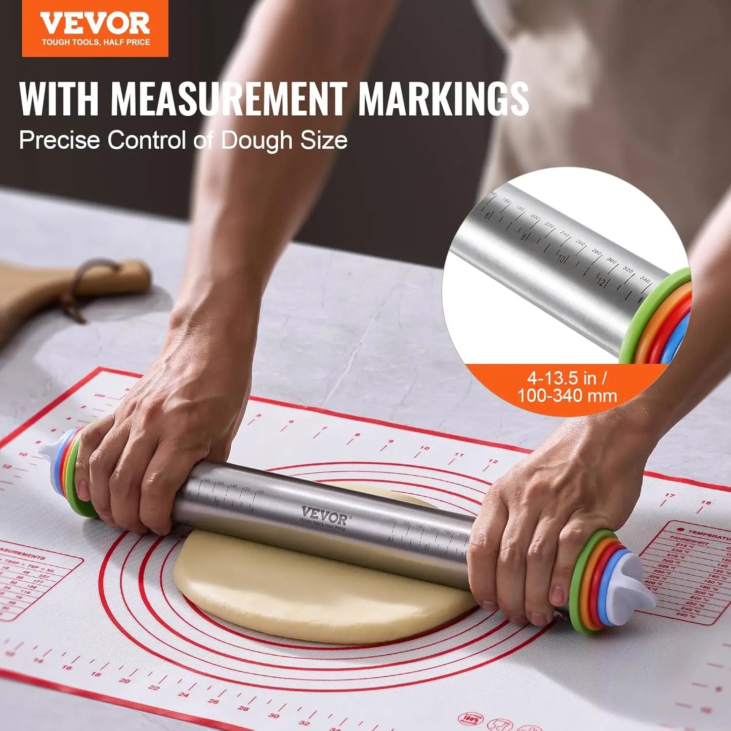 Adjustable Rolling Pin Stainless Steel Dough Roller with Thickness Rings and Pastry Baking Nonstick Mat Set