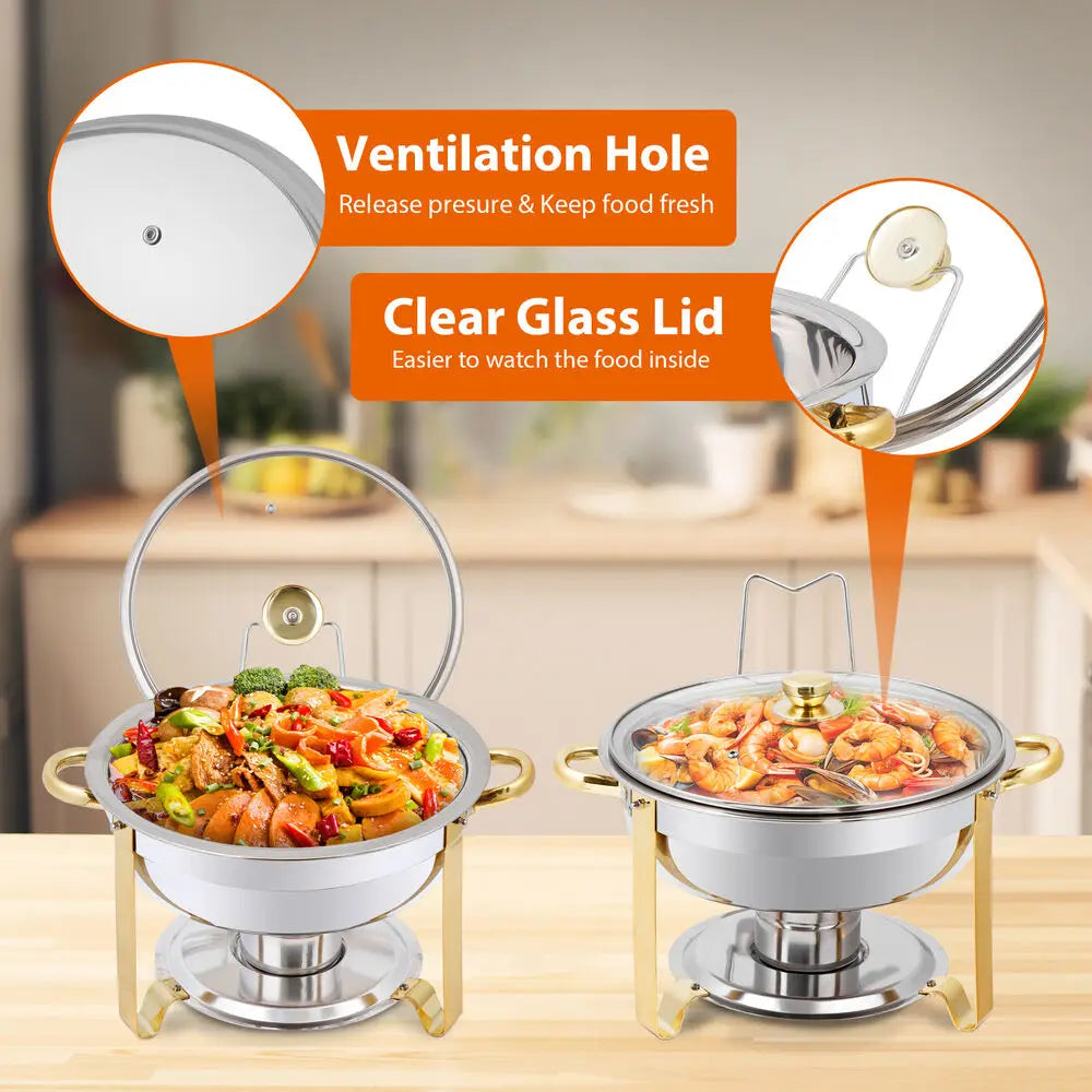 6Pack 5QT Stainless Steel Chafing Dish Buffet Set Round w/Glass Lid Gold