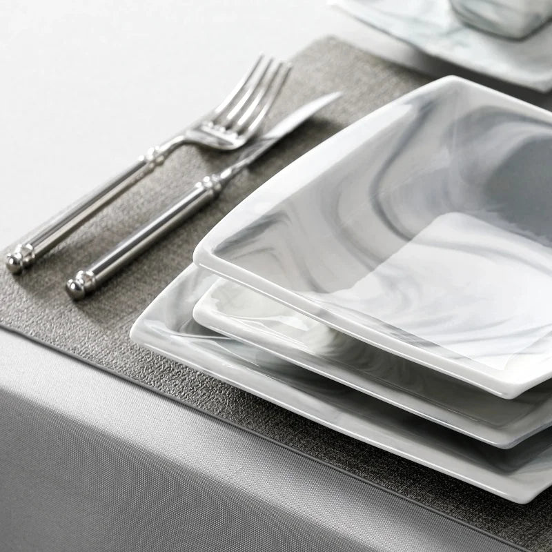 30PCS Marble Grey Porcelain Tableware Dinnerware Set with 6PCS Dessert/Soup/Dinner Plate/Cup/Saucer,Plates and Bowls Sets,FLORA