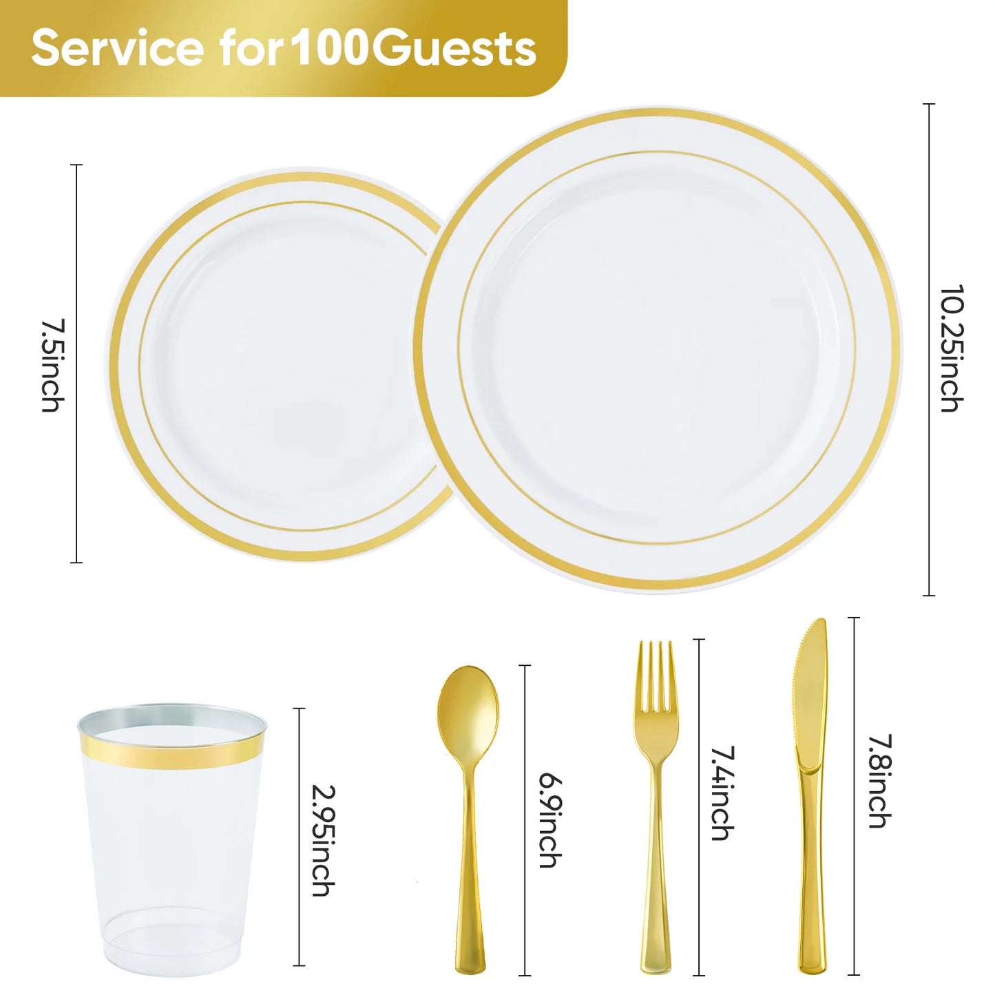 700 Pcs Gold Plastic Plates for 100 Guests - Party Supplies Includes 200 Gold Plastic Plates,300 Silverware,100 Napkins,100 Cups