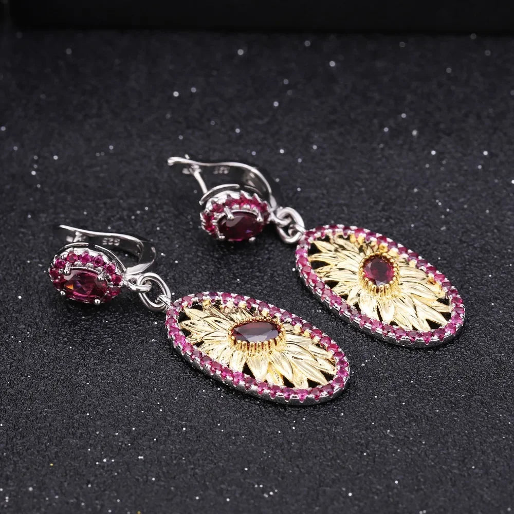 GEM'S BALLET 925 Sterling Silver Original Handmade Earrings 2.40Ct Natural Rhodolite Garnet Sunflower Drop Earrings for Women