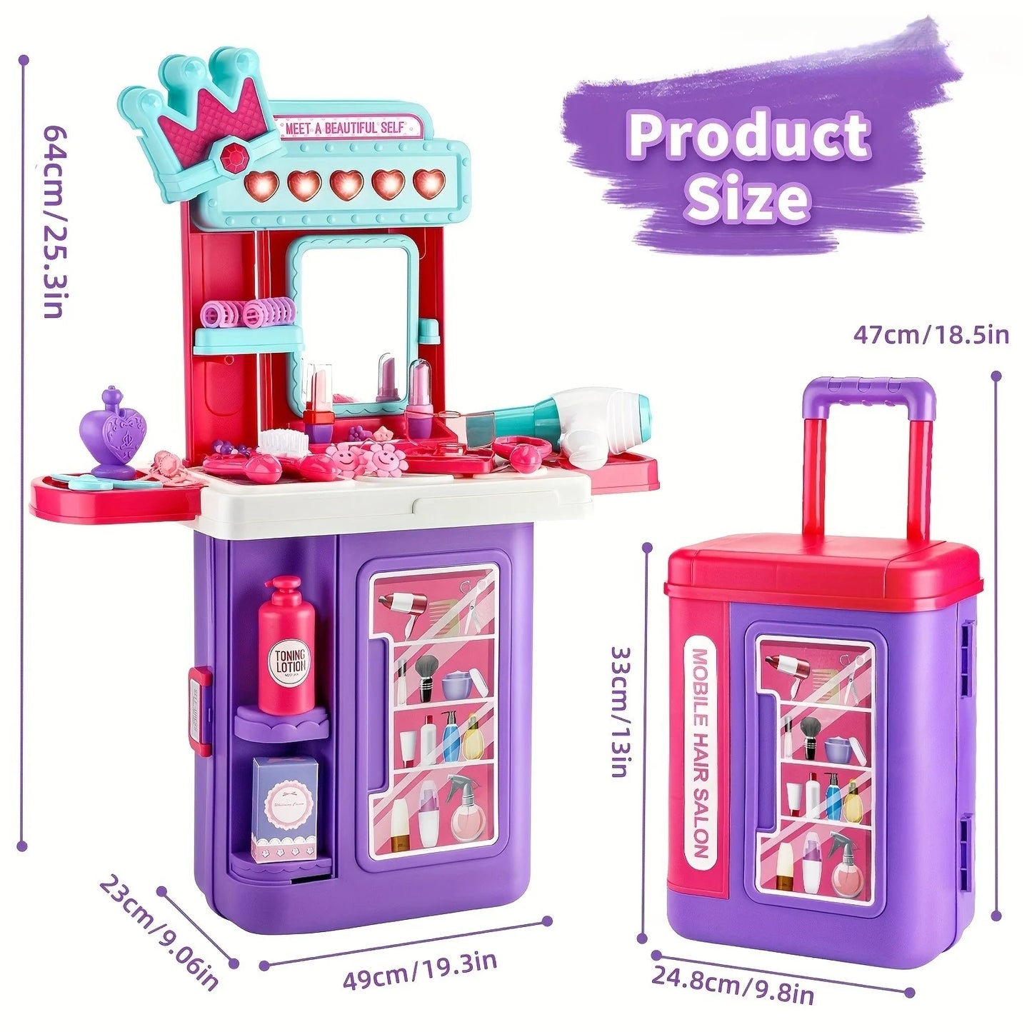 2 in 1 Dressing Table Set Pretend Play Makeup Games with Lights and Music Simulated Hair Dryer for Girls Kids Halloween Birthday Gift