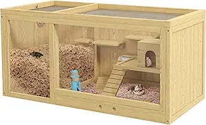 Wooden Hamster Cage, Extra Large Gerbil Cage, Multi-Layer Small Animal Cage for Dwarf Hamster, Activity Center with Pull-Out Tr