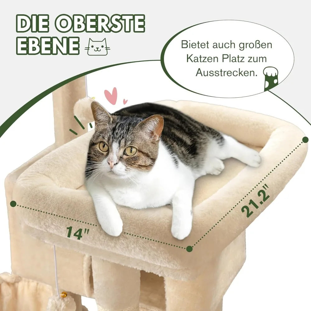 66 Inches Multi-Level Large Cat Tree Tower for Indoor Big Feline/Cozy Plush Perches/Condo/Sisal Scratching Posts