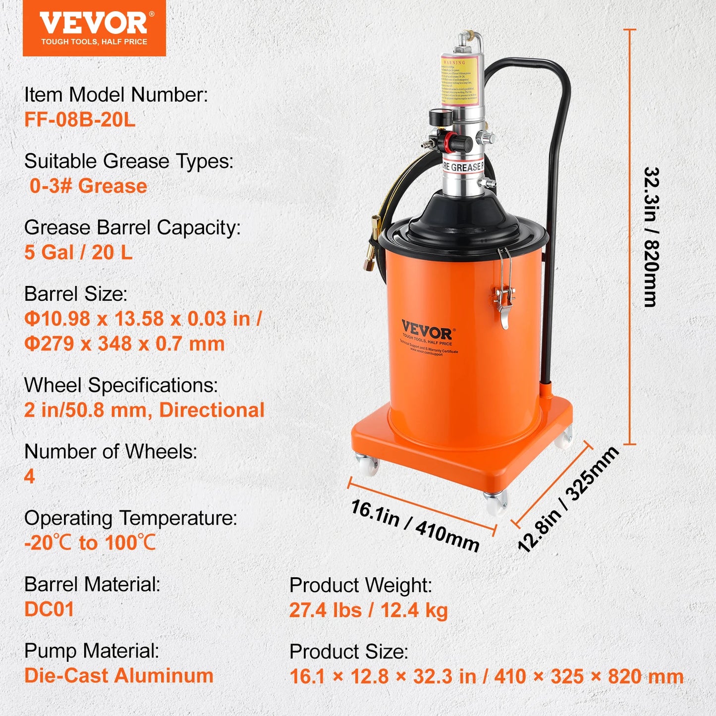 SucceBuy 3/5/10 Gallon Grease Pump Air Operated with Hose Pneumatic Grease Bucket Gun and Wheels for Cars 50:1 Pressure Ratio