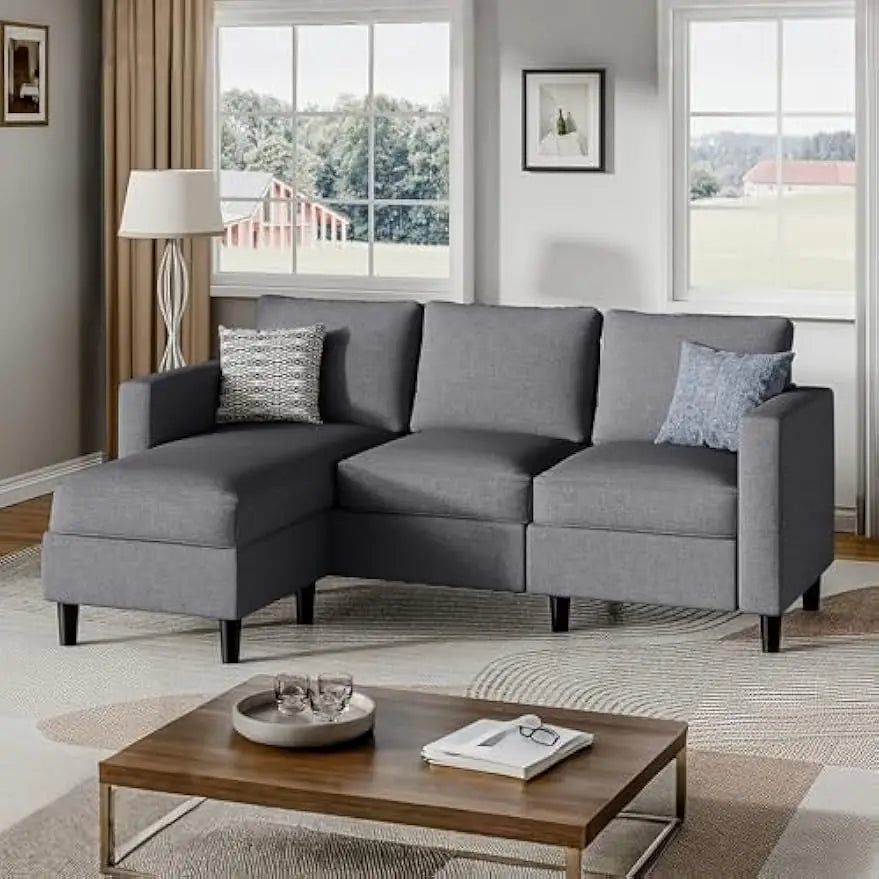 Shintenchi Small Sectional Couch with Ottoman 3 Seat L Shaped Sofa Fabric Upholstered for Apartments Living Room