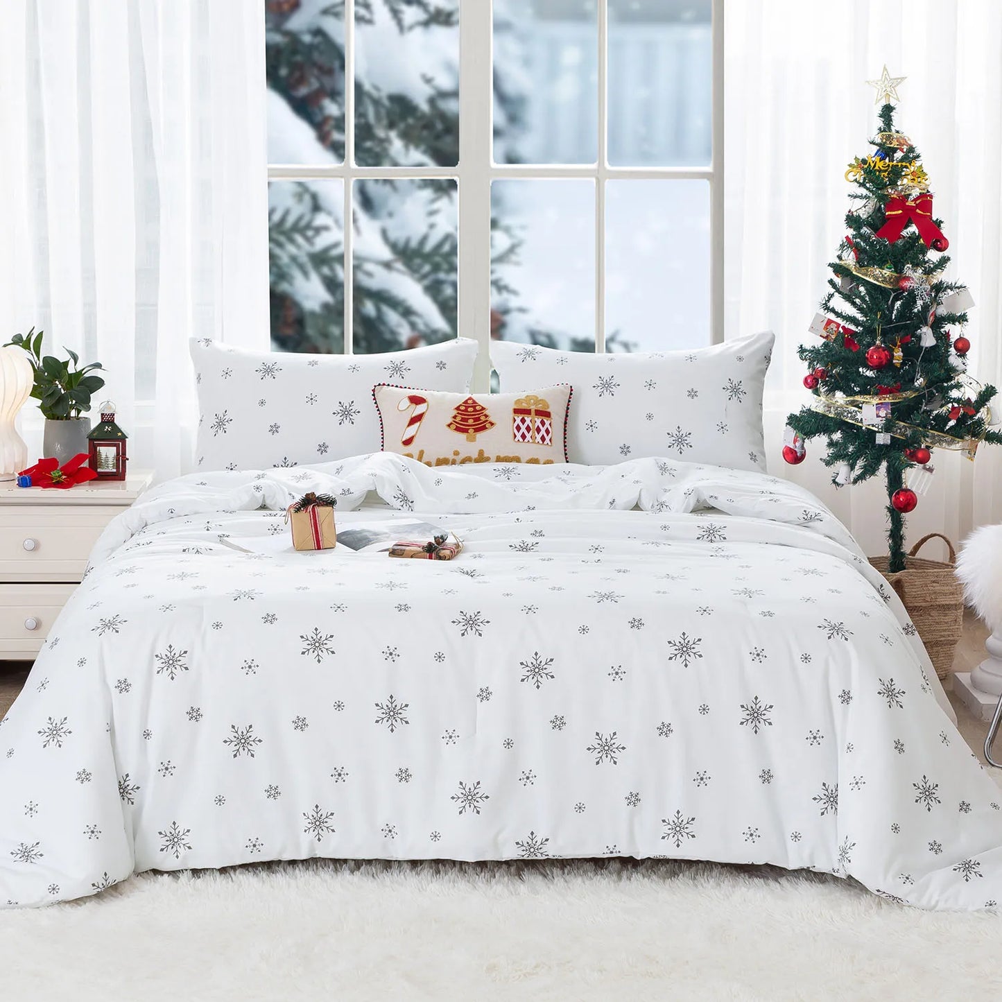Soft Polycotton Queen Size Bed Comforter Christmas Reindeer Elks Bedding Down Alternative Comforter Set with Pillow Sham