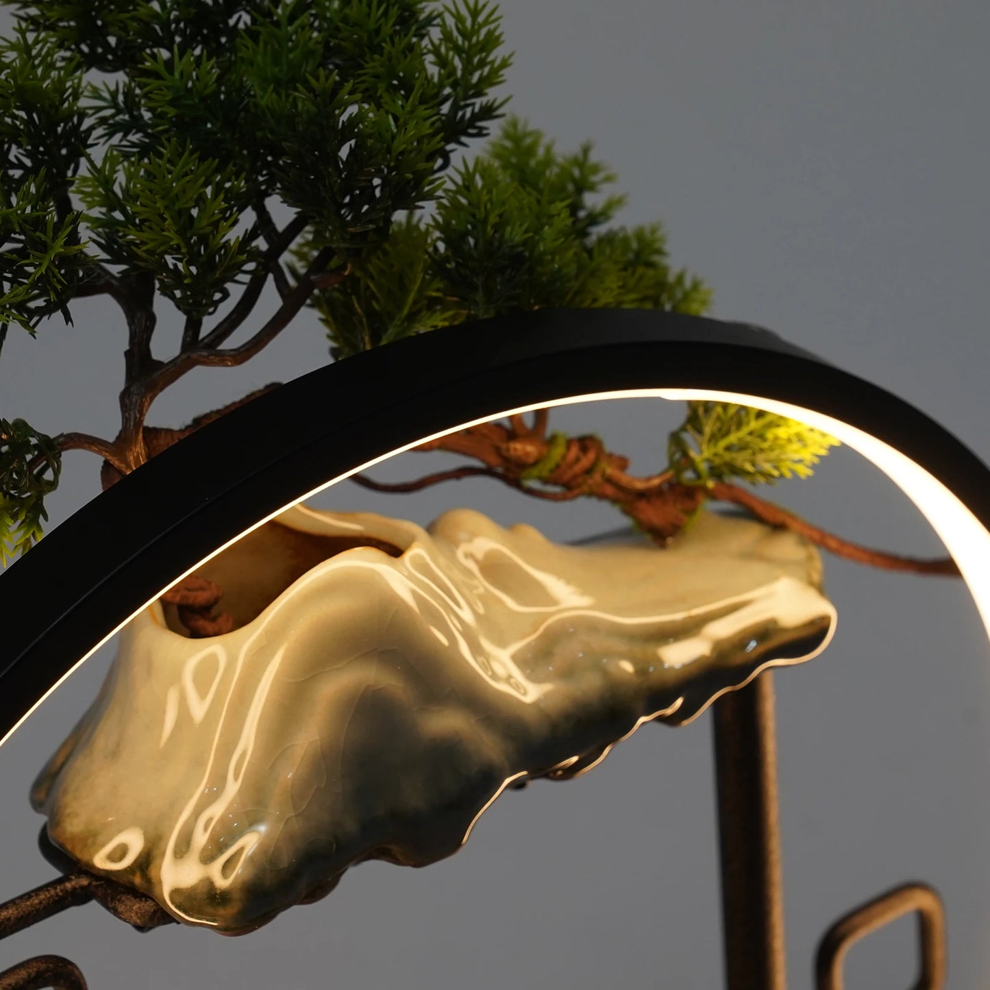 Indoor Ceramic Tabletop Fountain with LED Lights, Mist, Deer & Plants, Waterfall Design for Home, Spa & Yoga Relaxation