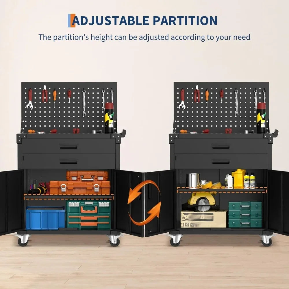 Tool Chest Cabinet Mobile Garage Workbench - 35" High with 2 Drawers, Pegboard,Heavy Duty Metal Rolling Design, Adjustable Shelf
