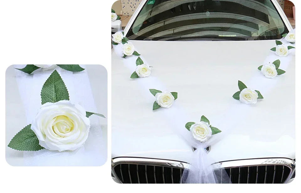 White Rose Artificial Flower for Wedding Car Decoration Bridal Car Decorations Door Handle Ribbons Silk Flower 11pcs Flowers