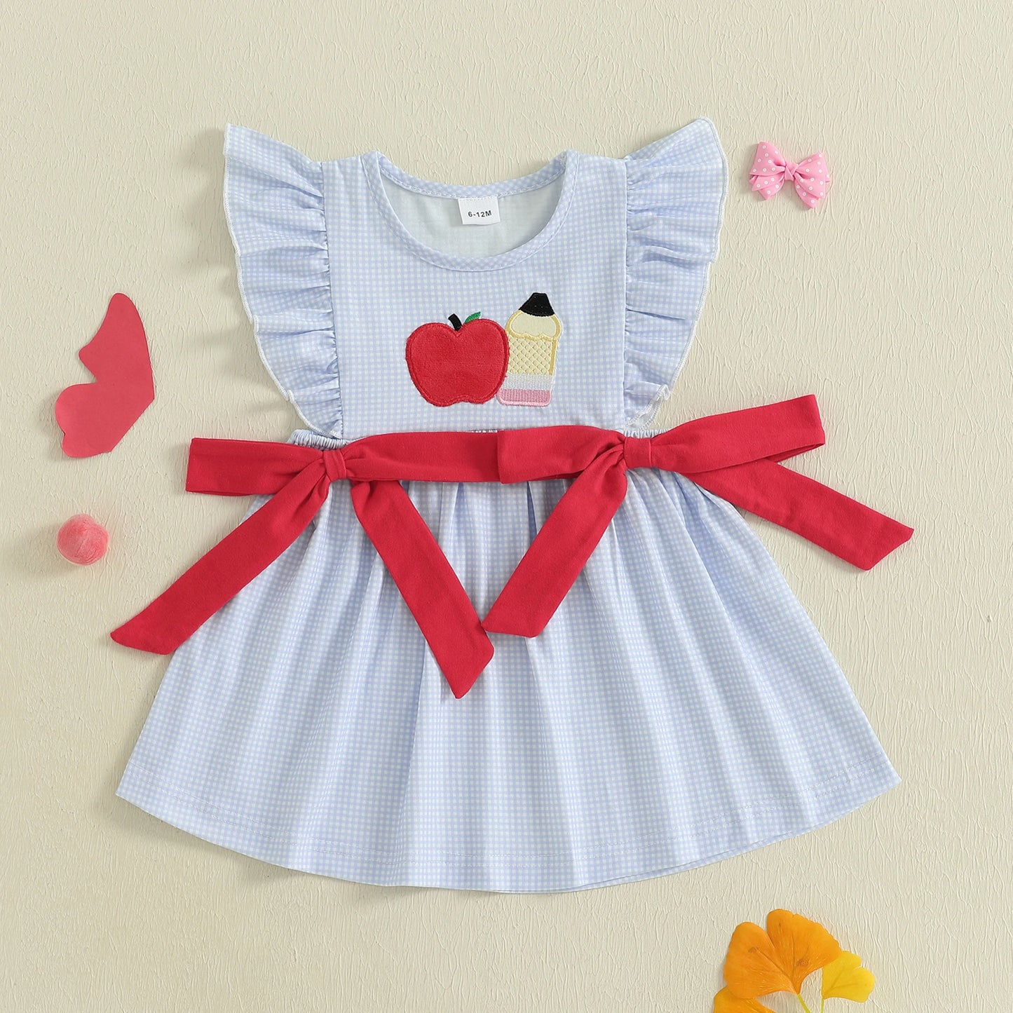 Adorable Baby Girl Summer Dress with Embroidered Flowers Plaid Bows and Flutter Sleeves - Loose Fit Ruffled Trim Dress