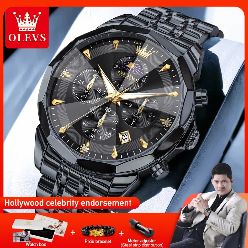 OLEVS 3673 Mens Watch Business Brand Quartz Watches Multifunctional Chronograph Waterproof Moon Phase Watch Mens Gifts Original