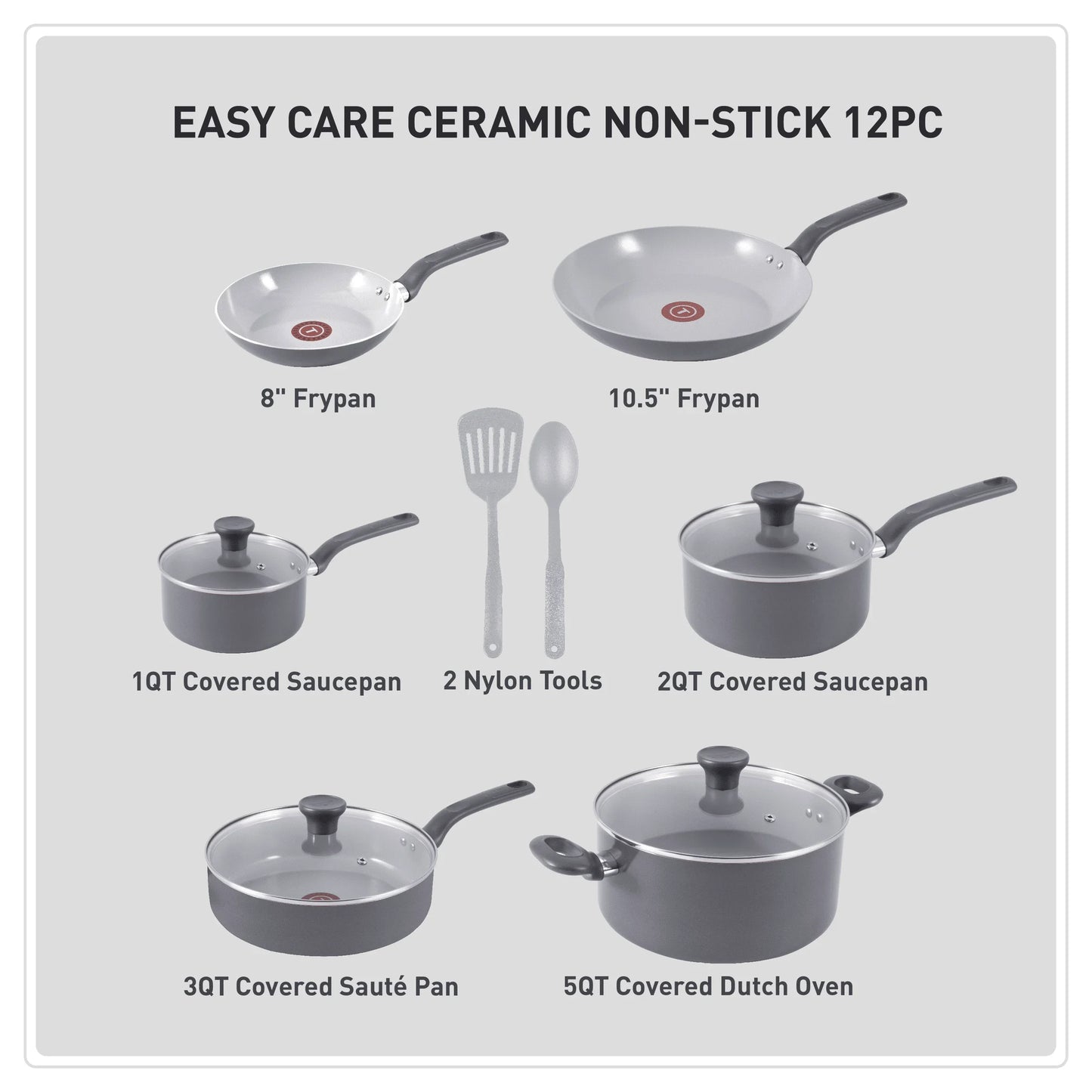 Care Ceramic Non-Stick, 12 Piece Pots and Pans Cookware Set, Stone Grey