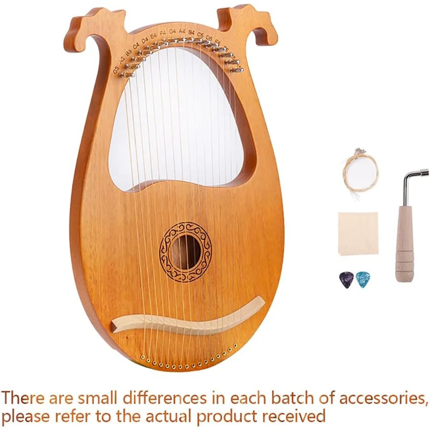 16-String Mahogany Lyre Harp, Handcrafted Solid Wood Instrument for Beginners & Professionals (Includes Tuner & Picks)