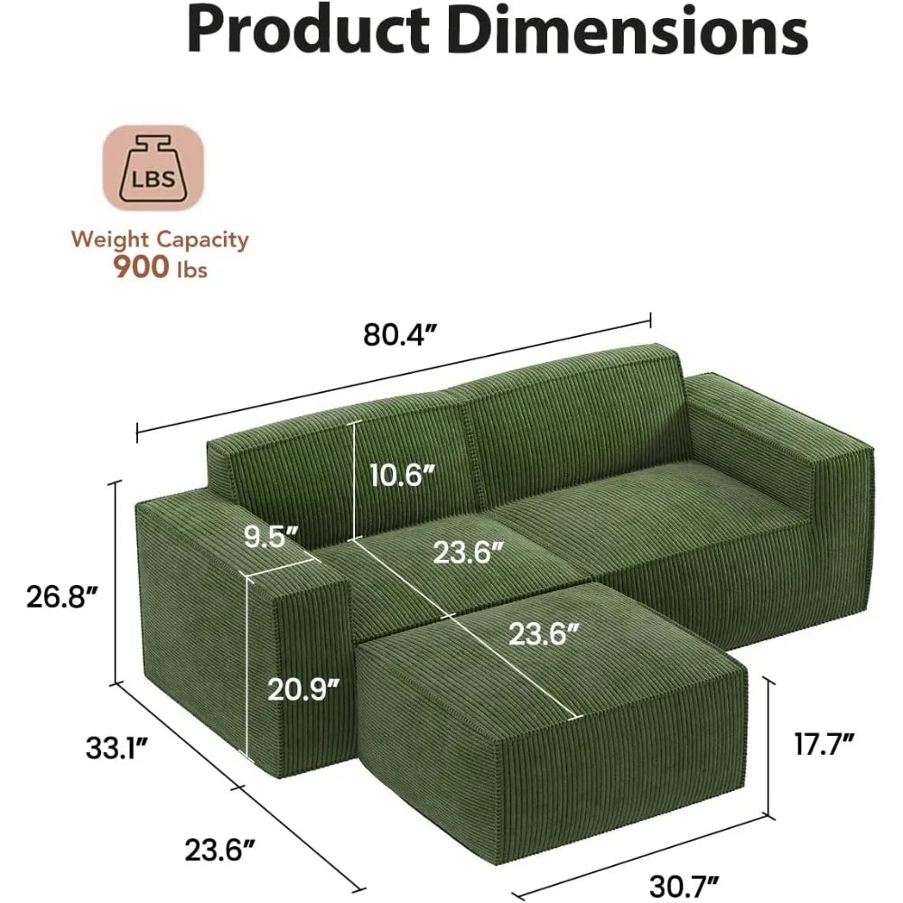 80 Inch Sectional Sofa with L-Shape Chaise, Plush Corduroy Cloud-Like Seating, High-Back Upholstered Living Room Furniture