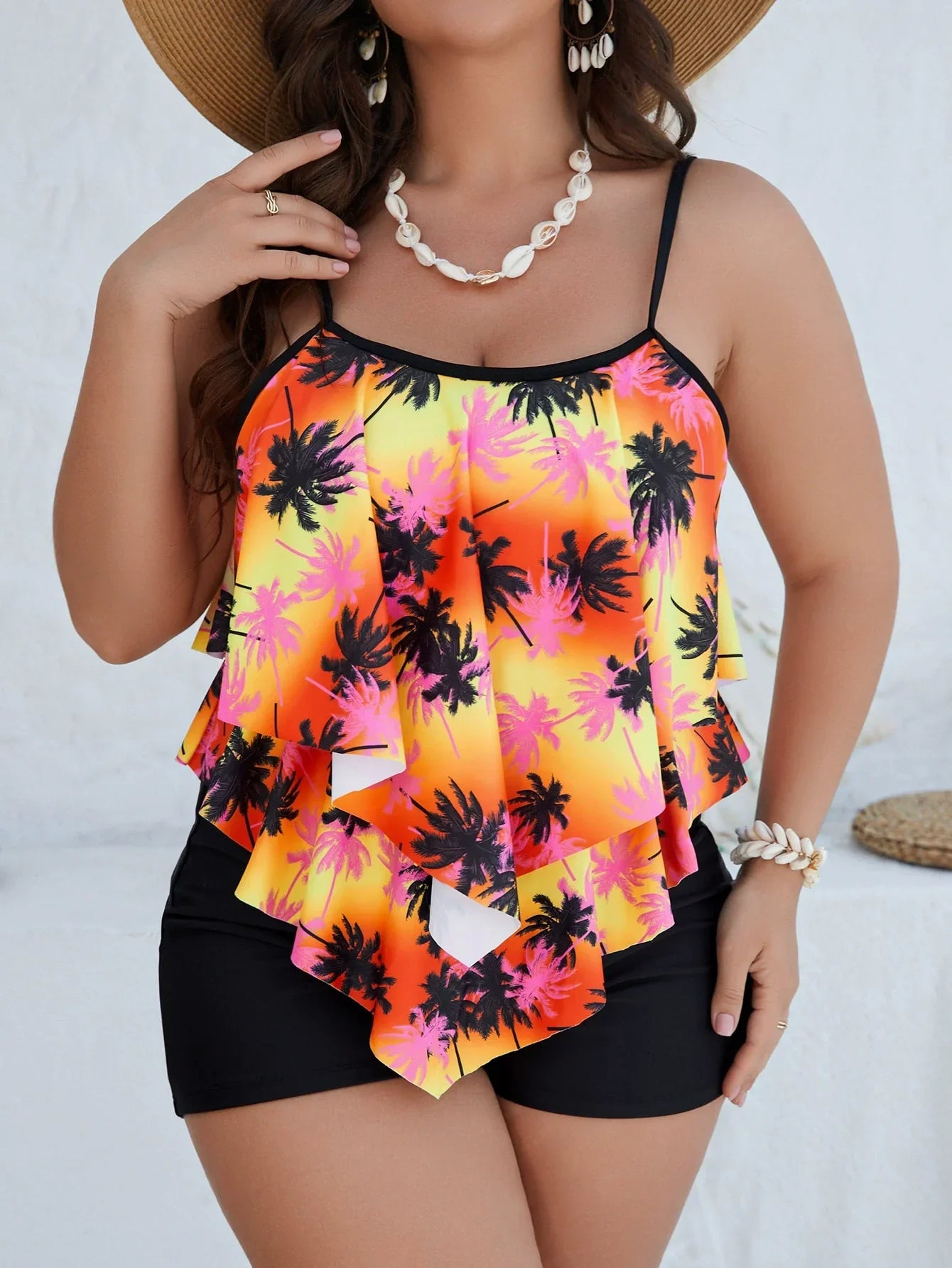 Plus Size Women's Swimsuit 2025 Two Piece Sets Tankini Beach Outfits Ruffled Tank Top High Waisted Shorts Bathing Suit
