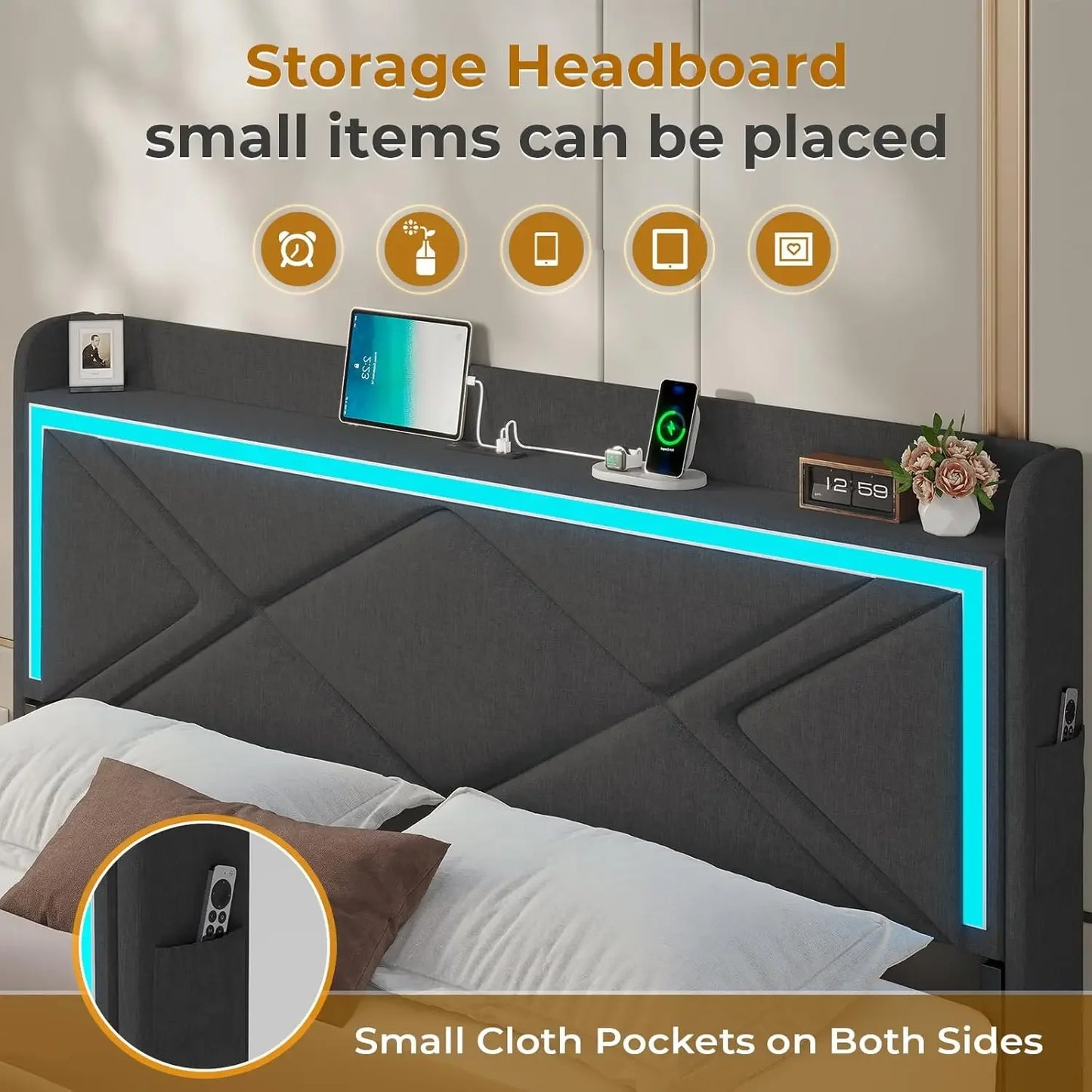 LED Full Bed Frame with Storage Headboard, Modern Upholstered Platform Bed with Type-C & USB Charging Station and 4 Drawers