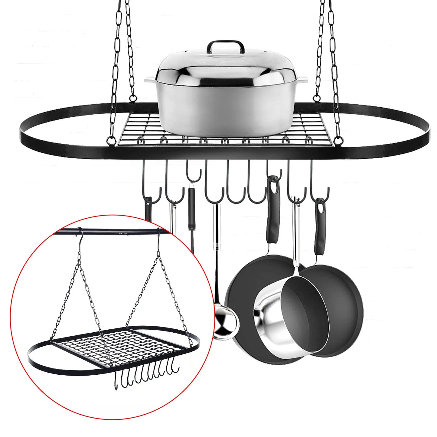 Pot & Pan Rack Ceiling Mounted kitchenware Holder Hanging Storage Shelf w/10Hook