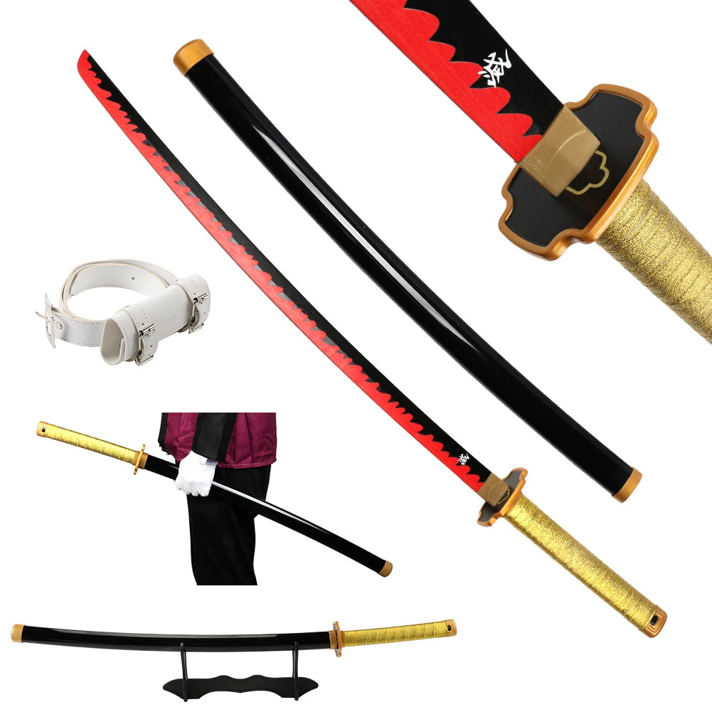 104cm Demon Slayer Katana Sword Kimetsu no Yaiba Wooden Cosplay Anime Weapon Sword Toy Katanas with Display Stand and Belt
