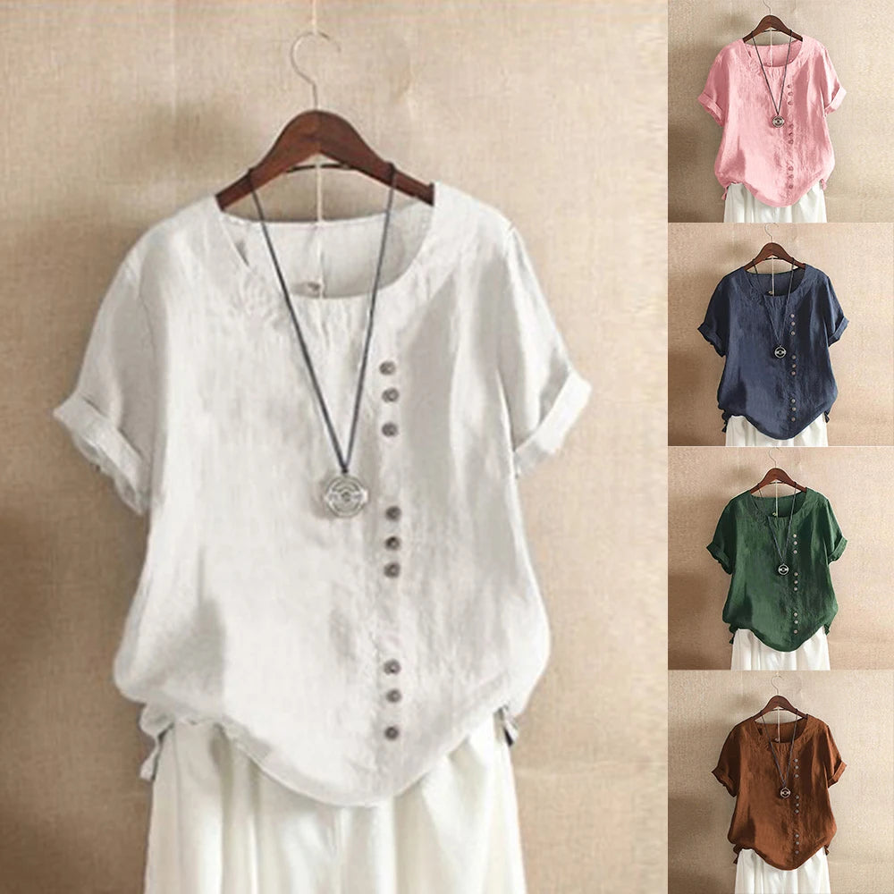 Women's Short Sleeve Cotton Linen Beautiful Tunic Blouse Tops Ladies Casual Basic Shirt Plus Size Clothes L-5XL Clothing 2023