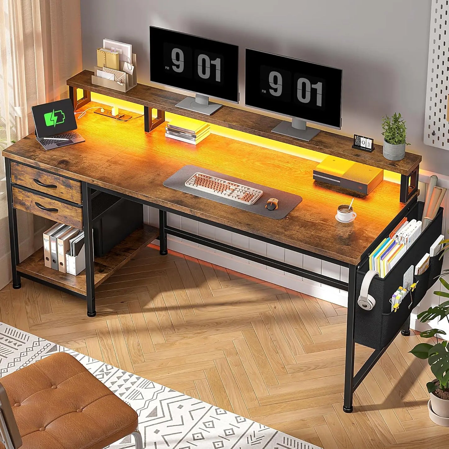 Computer Desk with Drawers & Storage Bag, Office Desks with Power Outlets & Monitor Stand, Home Office Desks for Bedroom