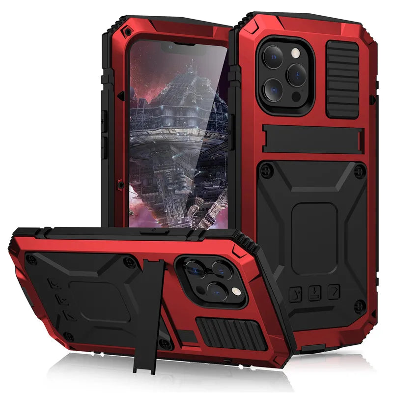Heavy Duty Armor Military Aluminum Metal Case For iPhone 16 Plus 16 Pro Max Hard Cover Tempered Glass Screen Protector Flim