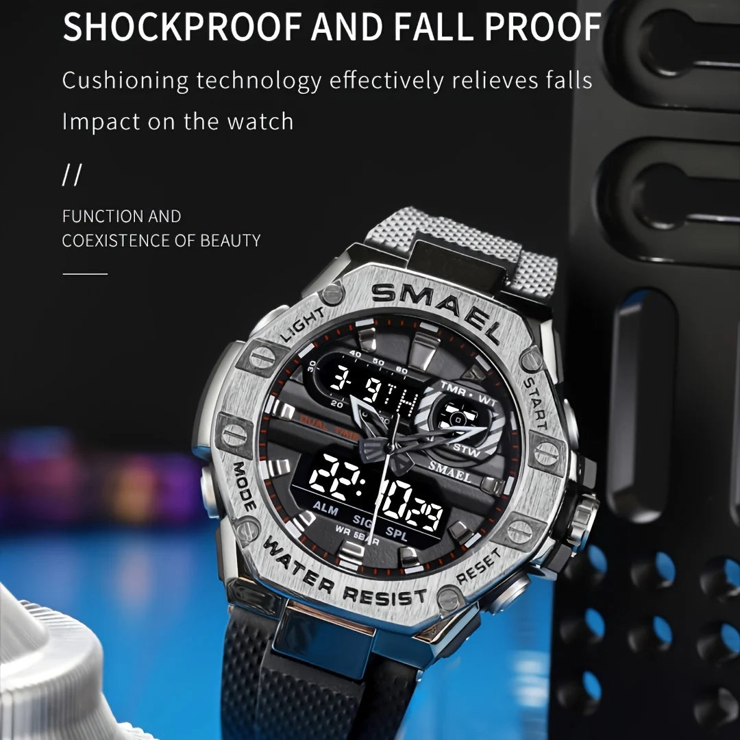 Men Fashion Electronic Wristwatch TPU Band Luminous Display Dual Time LED