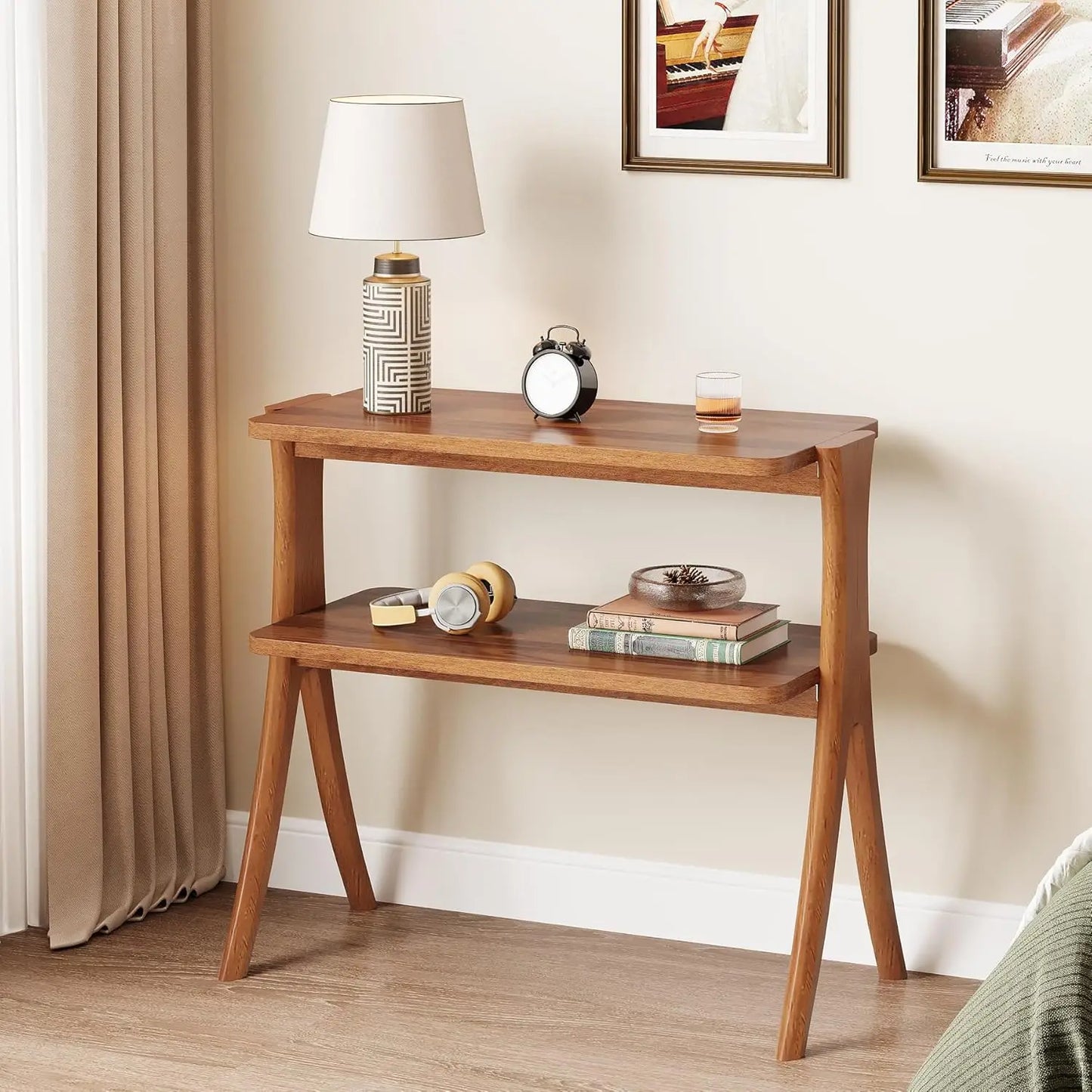 Side Table for Living Room, Farmhouse End Table with 2-Tier Storage Shelf and Solid Wood Legs, Nightstand for Bedroom