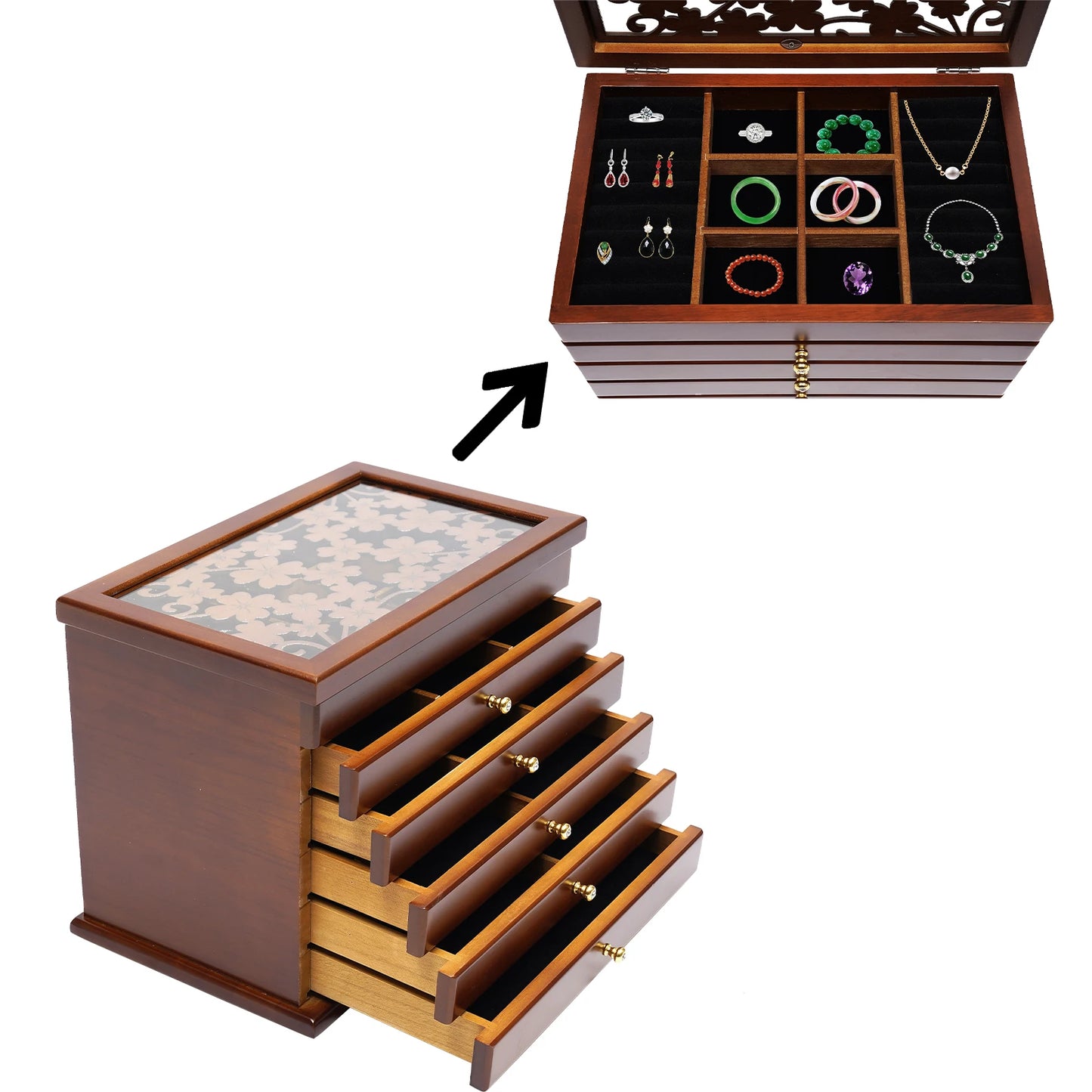 6-layer Walnut Jewellery Box Organizer with Exquisitely Carved Flowers Design,Rings Earrings Storage for Christmas New Year Gift