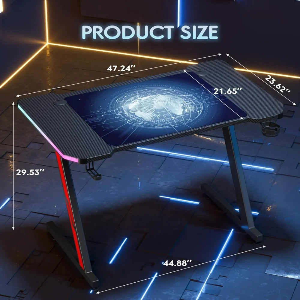 Gaming Computer Desk with Carbon Fiber Surface, Gaming Table Z Shaped PC Home Office with Cup Holder&Headphone Hook