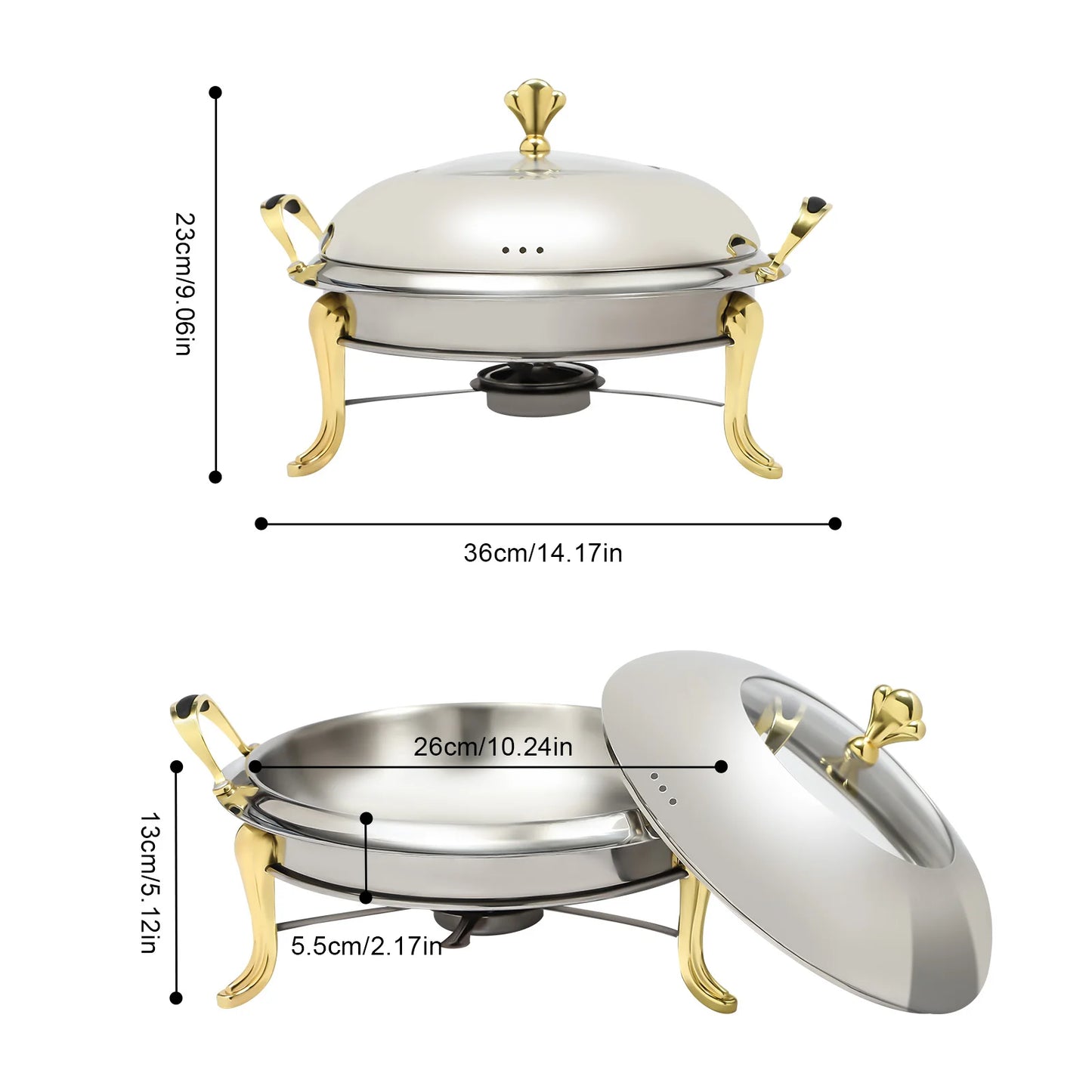 (Gold) 26cm Round Chafing Dish, Stainless Steel Chafing Dish Buffet, 2.5L Catering Chafers and Buffet Warmers with Fuel Holder