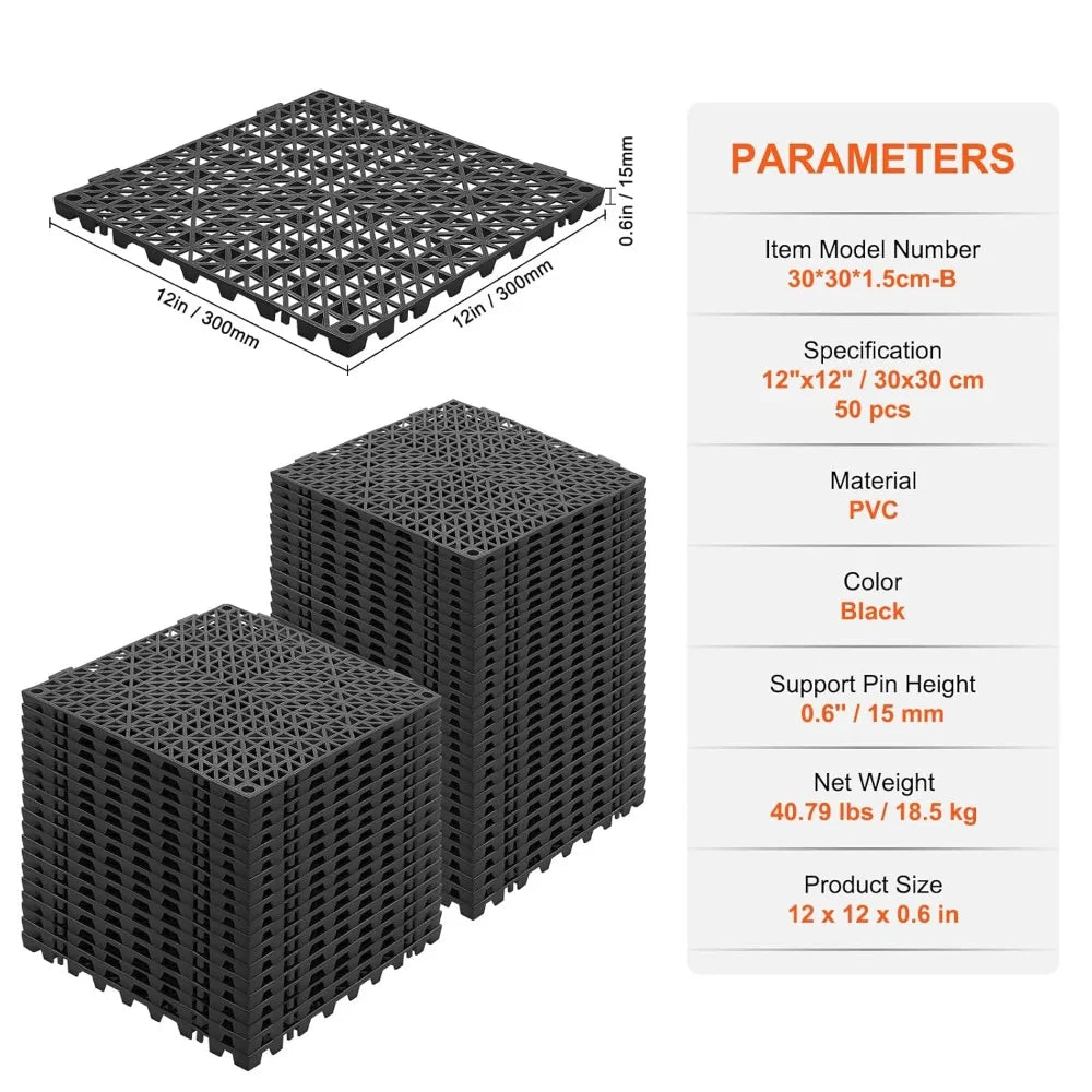 Interlocking Tile 50PCS Black, For Non-Slip Drainage Holes for Restroom, Bathroom, Kitchen, Pool, Wet Areas Tile Carpet