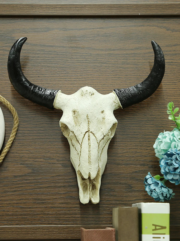 Resin 3D Animal Wildlife Horns Sculpture Longhorn Cow Skull Head Wall Decoration