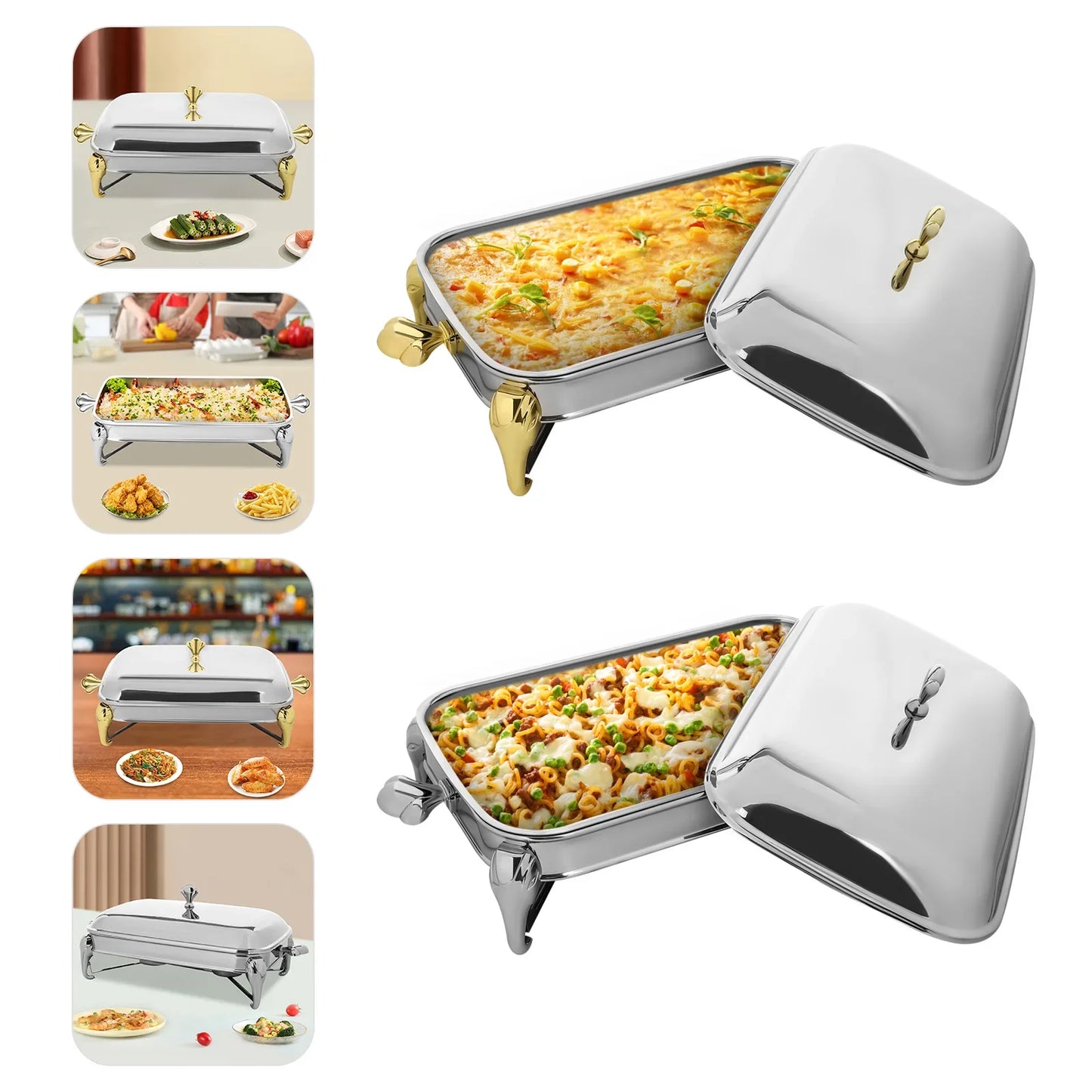 Chafing Dish Buffet Set Server Stainless Steel Chafing Dishes Oven Safe Glass Rectangle Food Warmer for Parties 2.9L Gold and Si