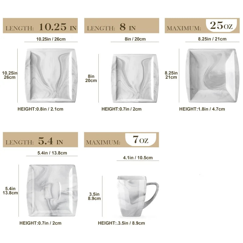 30PCS Marble Grey Porcelain Tableware Dinnerware Set with 6PCS Dessert/Soup/Dinner Plate/Cup/Saucer,Plates and Bowls Sets,FLORA