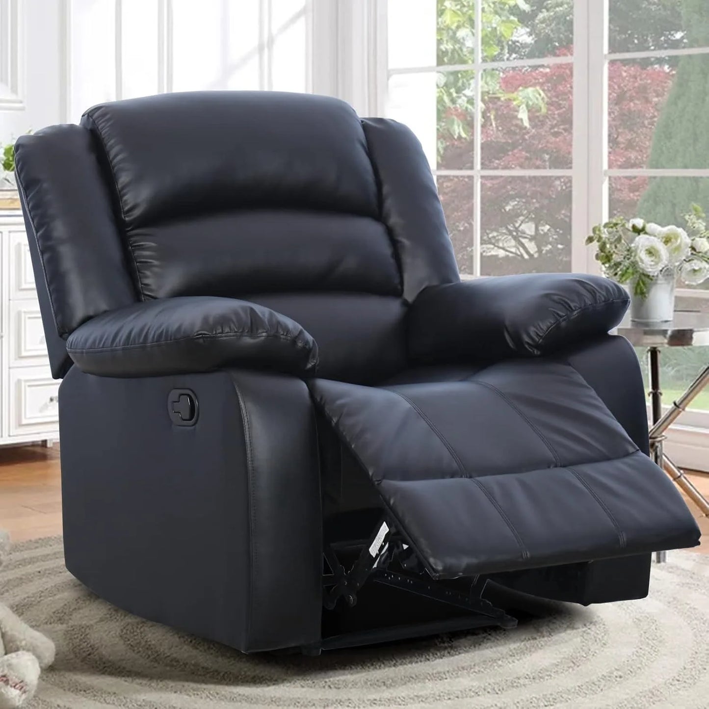 Black Recliner Chair with Overstuffed Arm and Back, Breathable Faux Leather Manual Reclining Chairs