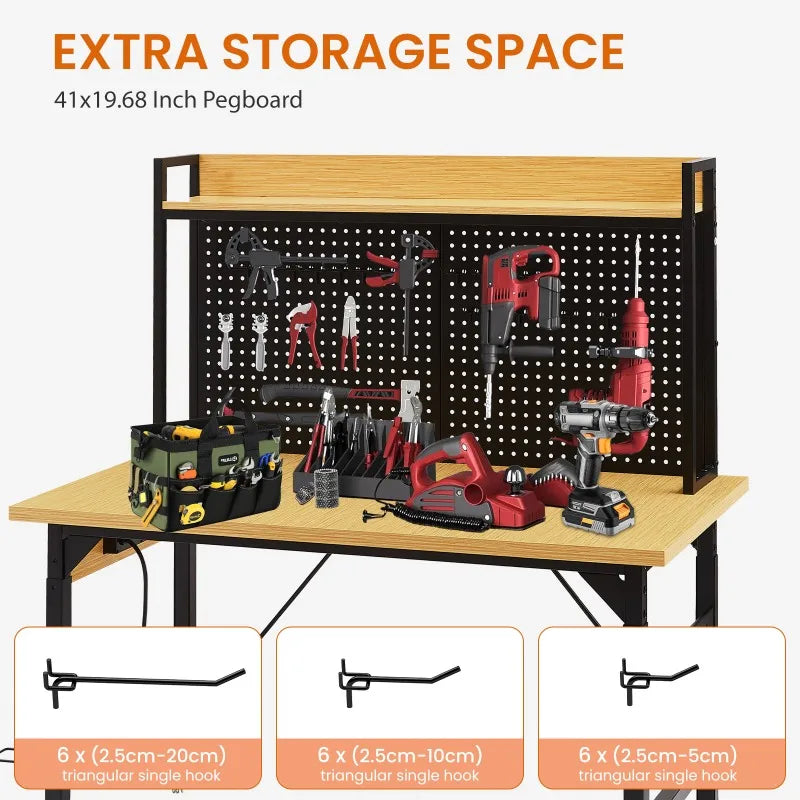 48 Inch Adjustable Workbench, Heavy Duty Wooden Tabletop Workbench with Wheels, 1600 Lbs. Weight Capacity with AC/USB Outlets.