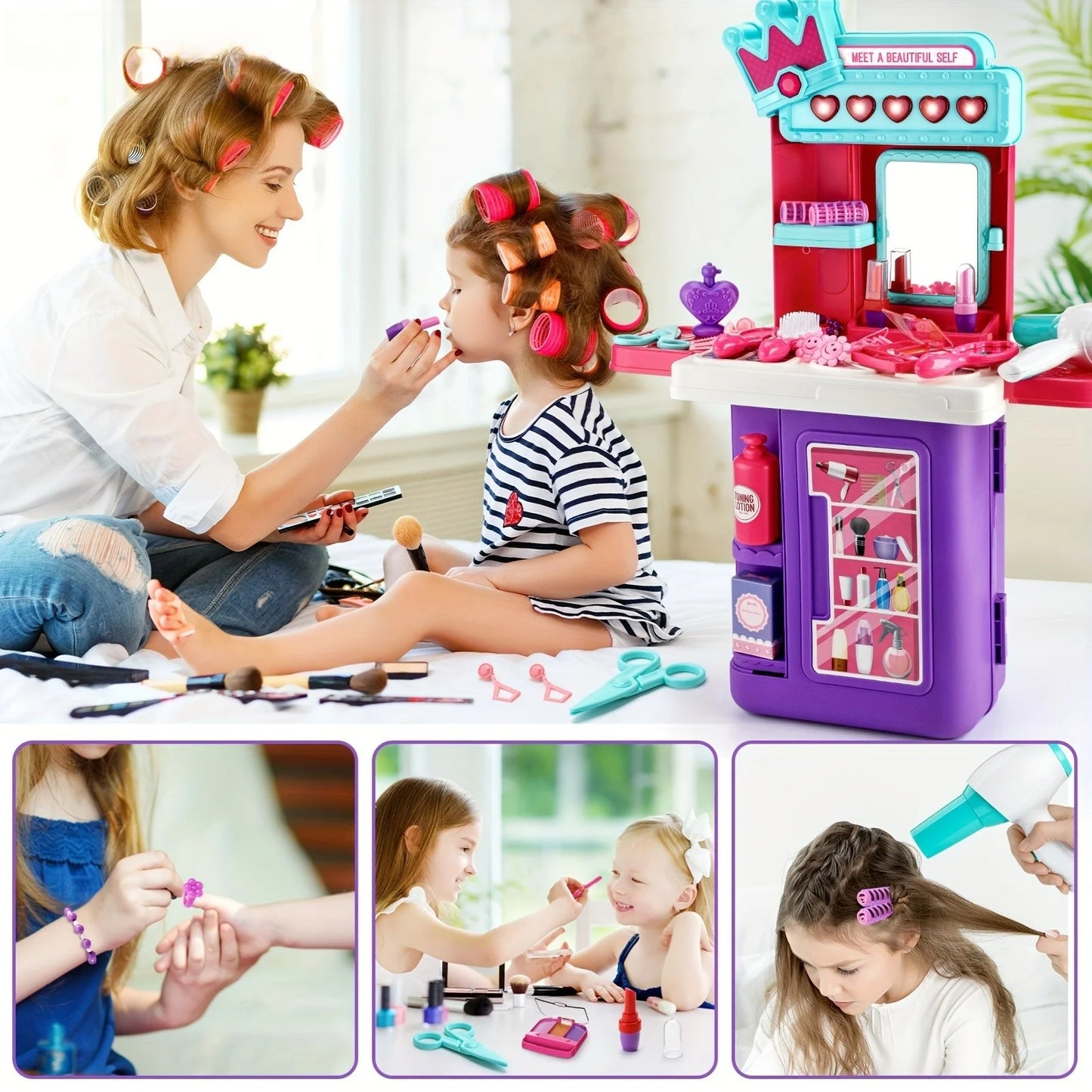 2 in 1 Dressing Table Set Pretend Play Makeup Games with Lights and Music Simulated Hair Dryer for Girls Kids Halloween Birthday Gift