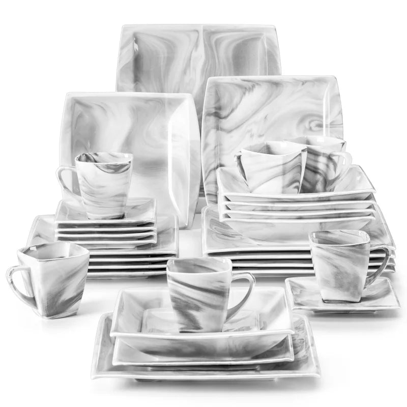 30PCS Marble Grey Porcelain Tableware Dinnerware Set with 6PCS Dessert/Soup/Dinner Plate/Cup/Saucer,Plates and Bowls Sets,FLORA