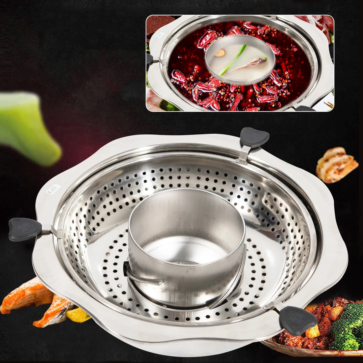 32cm Stainless Steel Rotating Hot Pot W/soup Filtering Grid, Mandarin Ducks Hotpot Detachable Double Layer Design