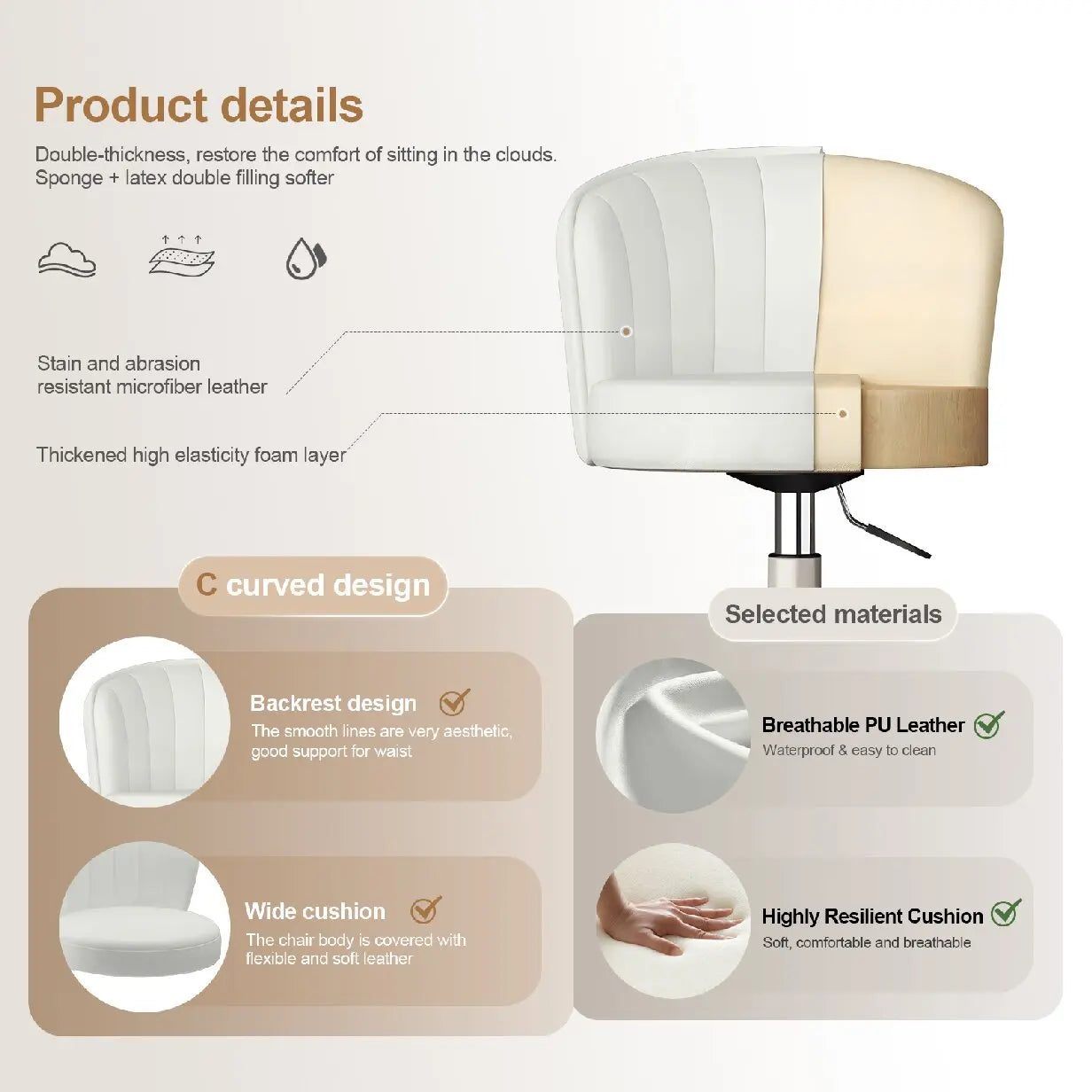 Small Round Rolling Desk Chair Armless Comfy Vanity with Low Backrest PU Leather Height Adjustable Swivel Work Spa Chair