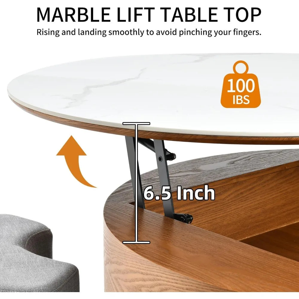32" L Round Marbling Pattern Slate Coffee Table with Storage 3 Stools Wood Rustic Boho Lift Top Coffee Table Set for Living Roo